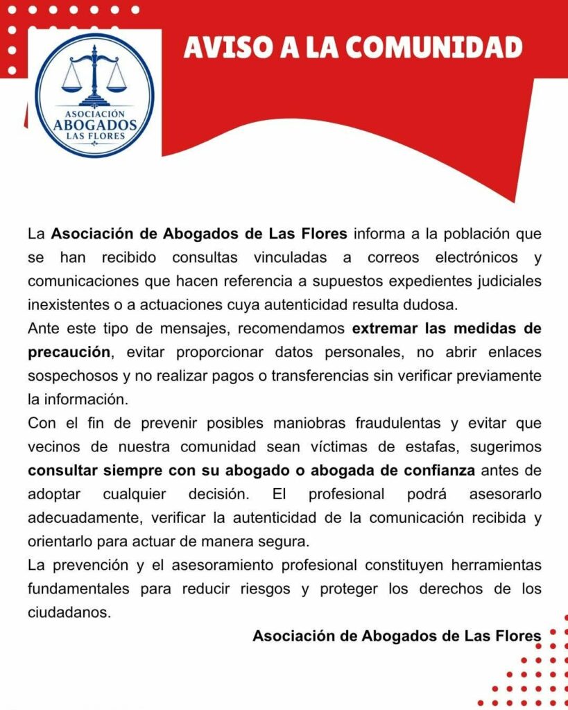 Asociación de Abogados Las Flores advierte por estafas