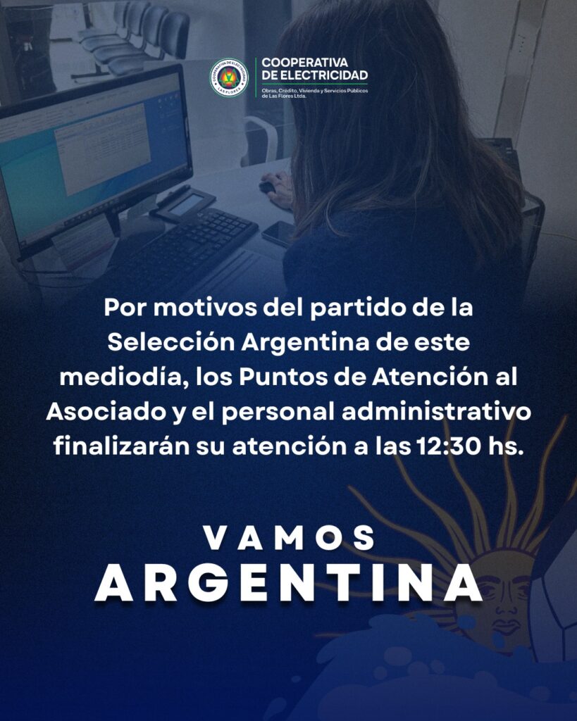 Cooperativa Eléctrica: atención al asociado hasta el mediodía por el partido de Argentina